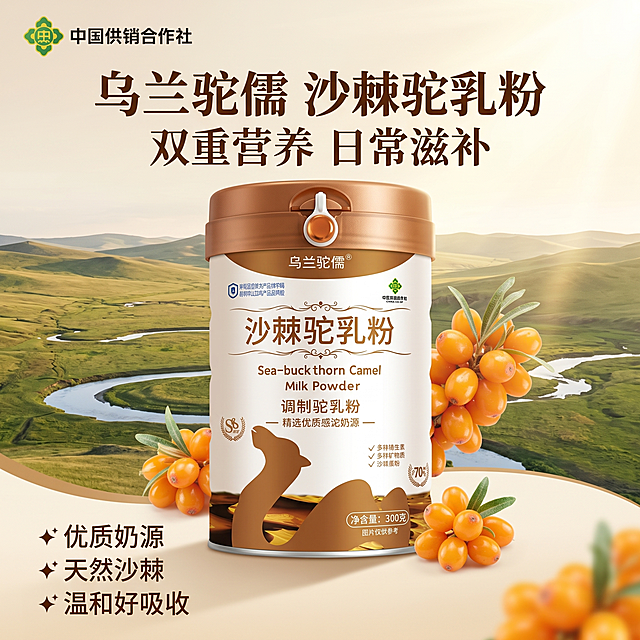[主图 1] 沙棘驼乳粉产品首图，展示产品完整外观。[氛围风格] 轻奢大气国风养生，稳重亲民中老年滋补风。[画质] 商业摄影质感，光线柔和通透，产品清晰真实，画面干净高级。[元素] 300g罐装乌兰驼儒沙棘驼乳粉居中放置，背景搭配内蒙古草原风光与新鲜沙棘果点缀，左上角放置中国供销合作社logo，保持产品外观（物理结构、材质质感、颜色）与输入产品图绝对一致，杜绝任何变形和色差，精细化处理。商品主体占比严格控制在60%-80%之间，画面满屏无边框。[光影] 自然暖阳逆光，突出产品质感和沙棘果新鲜通透色泽，光线柔和不生硬，暗部有层次。[配色] 主色调为暖棕奶白，搭配沙棘果橙黄和草原绿色点缀，配色温润大气。[视角构图] 平视视角，景深适中，产品完整不裁切，轮廓清晰。[文字版式] 顶部负空间放置主标题“乌兰驼儒 沙棘驼乳粉”，深棕色最大号粗体国风字体；副标题“双重营养 日常滋补”小一半字号；左下角分点标注核心卖点：✨优质奶源 ✨天然沙棘 ✨温和好吸收，文字清晰易读，不遮挡产品主体，字色与背景强对比。[比例分辨率] 1:1比例，2k分辨率，文字清晰可辨，超高清。[负向提示词] 变形，水印，文字错乱，产品图模糊，背景杂乱，配色刺眼，遮挡主体，绝对化违禁词，疾病宣传。