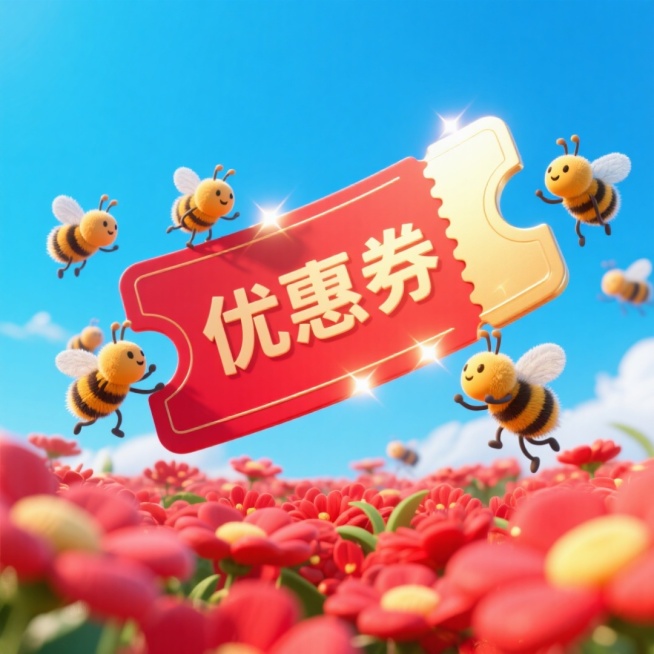 一群小蜜蜂争抢着一张巨大的红金票券（上面写着“优惠券”），底部红色花丛，蓝天背景预览效果