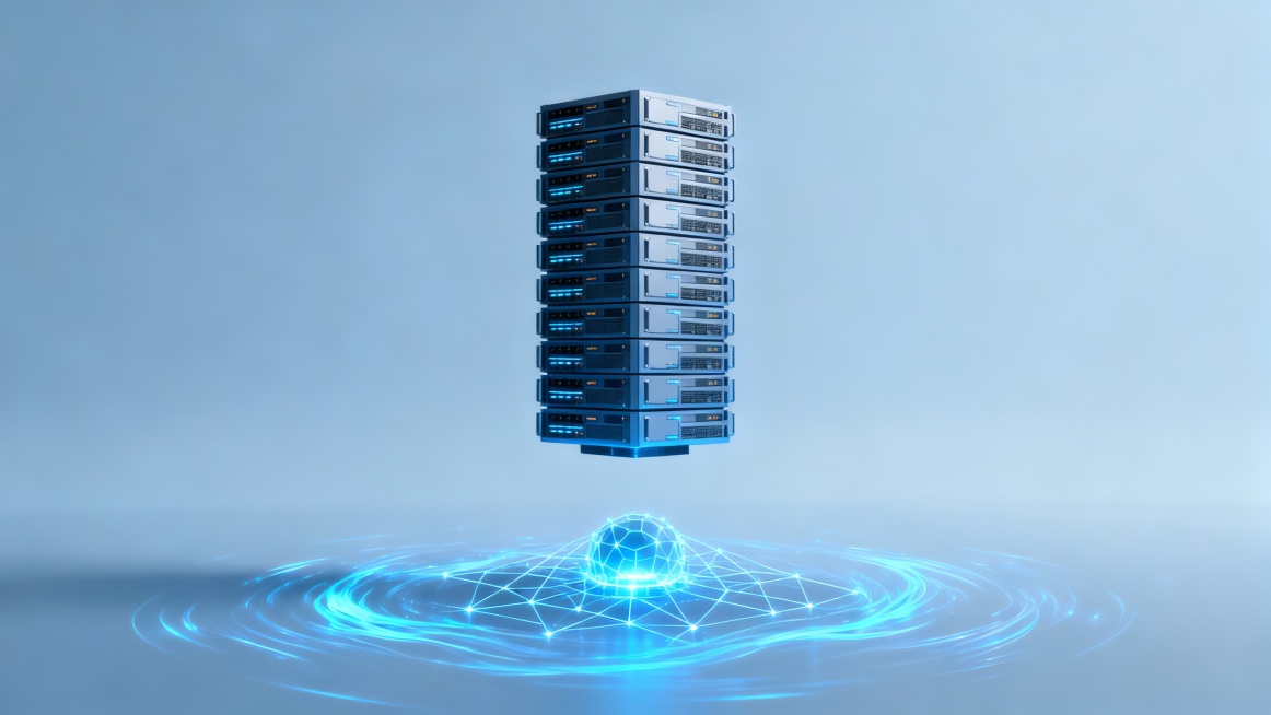 Vertical blockchain security tower, stacked modular servers levitating in perfect alignment, luminou预览效果
