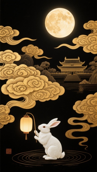中国漆艺风格，黑色背景上有金色祥云，一只白玉兔手持灯笼，远处有宫殿，发光的满月，整体风格雅致神秘预览效果