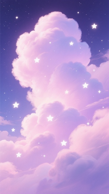 梦幻背景，数字艺术风格，以柔和渐变的粉紫色为主色调，搭配深邃的蓝紫色夜空，巨大蓬松的云朵呈现出棉花糖般的柔软质感，表面有细腻的高光和微妙的色彩过渡，无数闪烁的白色星星散布在云层之间和夜空深处，部分星星发出明亮的光芒，整体光影柔和朦胧，营造出宁静、浪漫、梦幻的氛围，构图饱满，云层从画面底部向上延伸，形成向上流动的视觉引导，色彩和谐统一，充满童话般的唯美意境。预览效果