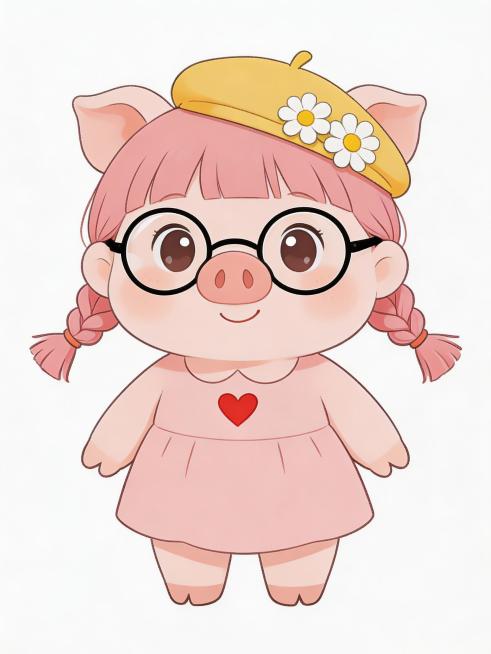 萌系Q版动漫风格，2D，全身人物设定图，纯白色背景。主角是一只圆乎乎粉色小猪，皮肤是淡淡的粉红色，戴着一副圆框眼镜，有齐刘海，扎着两个麻花辫垂在胸前，表情单纯善良，眼睛大而明亮。身穿浅粉色连衣裙，连衣预览效果