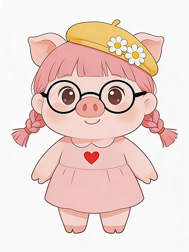 萌系Q版动漫风格，2D，全身人物设定图，纯白色背景。主角是一只圆乎乎粉色小猪，皮肤是淡淡的粉红色，戴着一副圆框眼镜，有齐刘海，扎着两个麻花辫垂在胸前，表情单纯善良，眼睛大而明亮。身穿浅粉色连衣裙，连衣裙正面有一个小爱心图案，头上有几个小雏菊发卡，戴着一个鹅黄色小画家帽。整体姿态是站立姿势，双手微微张开，面带温暖微笑。画风可爱软萌，线条圆润，色彩柔和。展示正面视角，无背景干扰，突出人物形象。