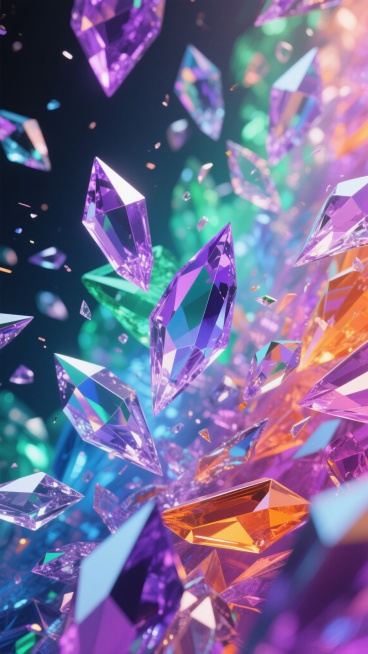 一幅由多种色彩水晶构成的抽象背景图，水晶呈现出尖锐的棱角和不规则的几何形状，具有高度透明的质感和强烈的反光效果。画面中水晶的色彩丰富多样，有梦幻的紫色、清新的绿色、深邃的蓝色和温暖的橙色等，这些色彩相互交织、融合，形成了绚丽多彩的视觉效果。水晶的排列没有明显的规律，呈现出一种自然、随意的分布状态，仿佛是水晶碎片在空中飞舞、碰撞后形成的独特景象。整体画面充满了动感和活力，同时又带有一丝神秘和梦幻……预览效果