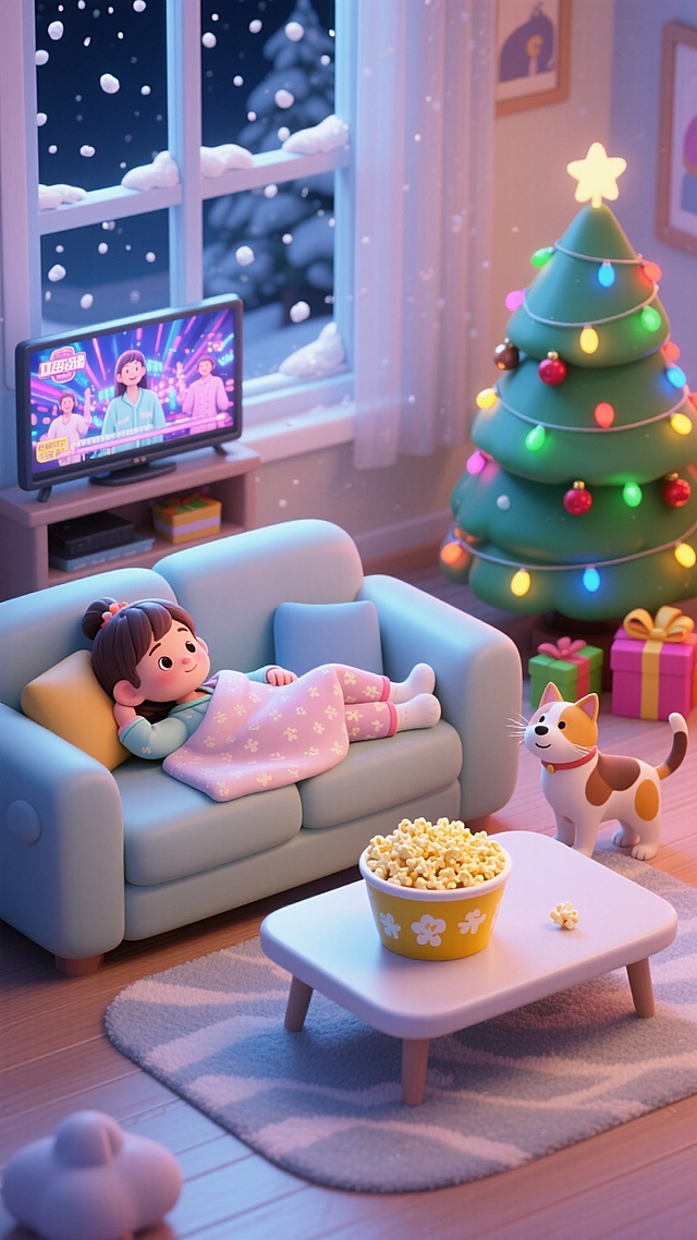窗外飘着雪花，室内小女孩慵懒的躺在沙发上 电视机播放着综艺节目，茶几上大桶爆米花，乖巧的小猫猫，氛围暖暖惬意