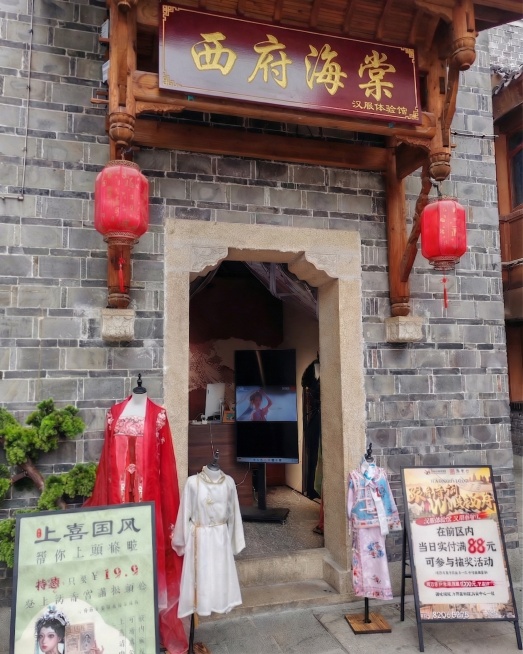 修改图片中招牌上的文字，将原来的“又见青山”改成金色书法字体的“西府海棠”，保持原图片风格、红色招牌背景和木质结构不变，保留右下角“汉服体验馆”小字不变预览效果