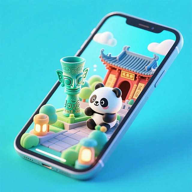 一个手机创意微缩场景，手机平放，侧面对着观众，手机俯视角度，立体的成都景观从屏幕内出来，有熊猫，三星堆，武侯祠，整体色调立体魔幻。青色背景。具有梦幻感,打光营造出柔和氛围强调梦幻和未来感的美学。