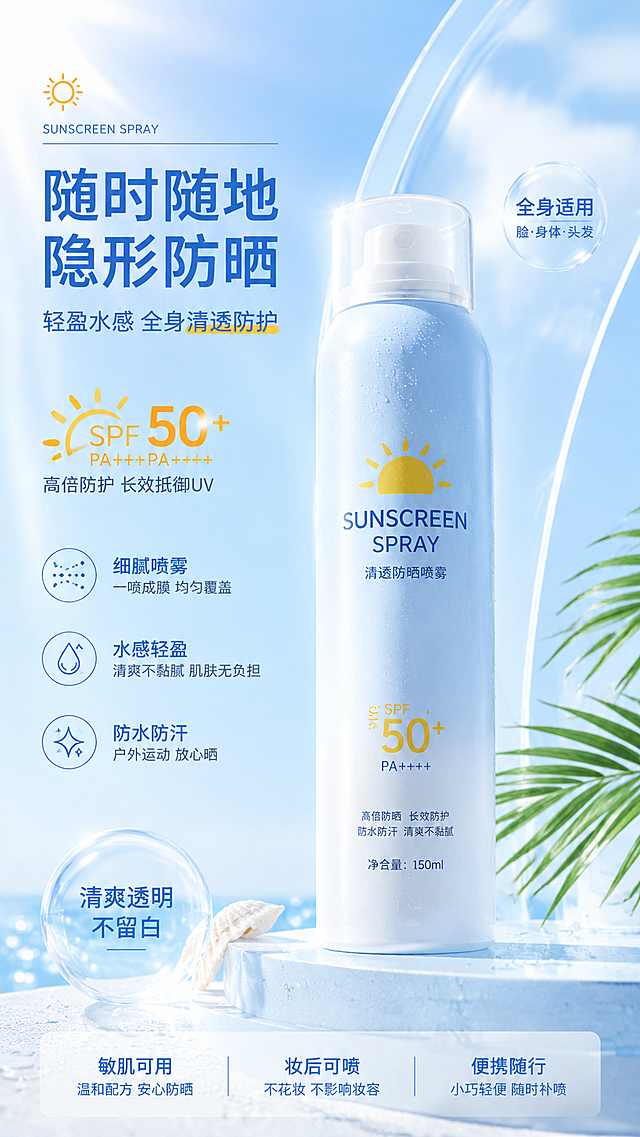 生成类似风格的9:16竖版防晒喷雾电商宣传海报，保持整体构图风格与上一张一致