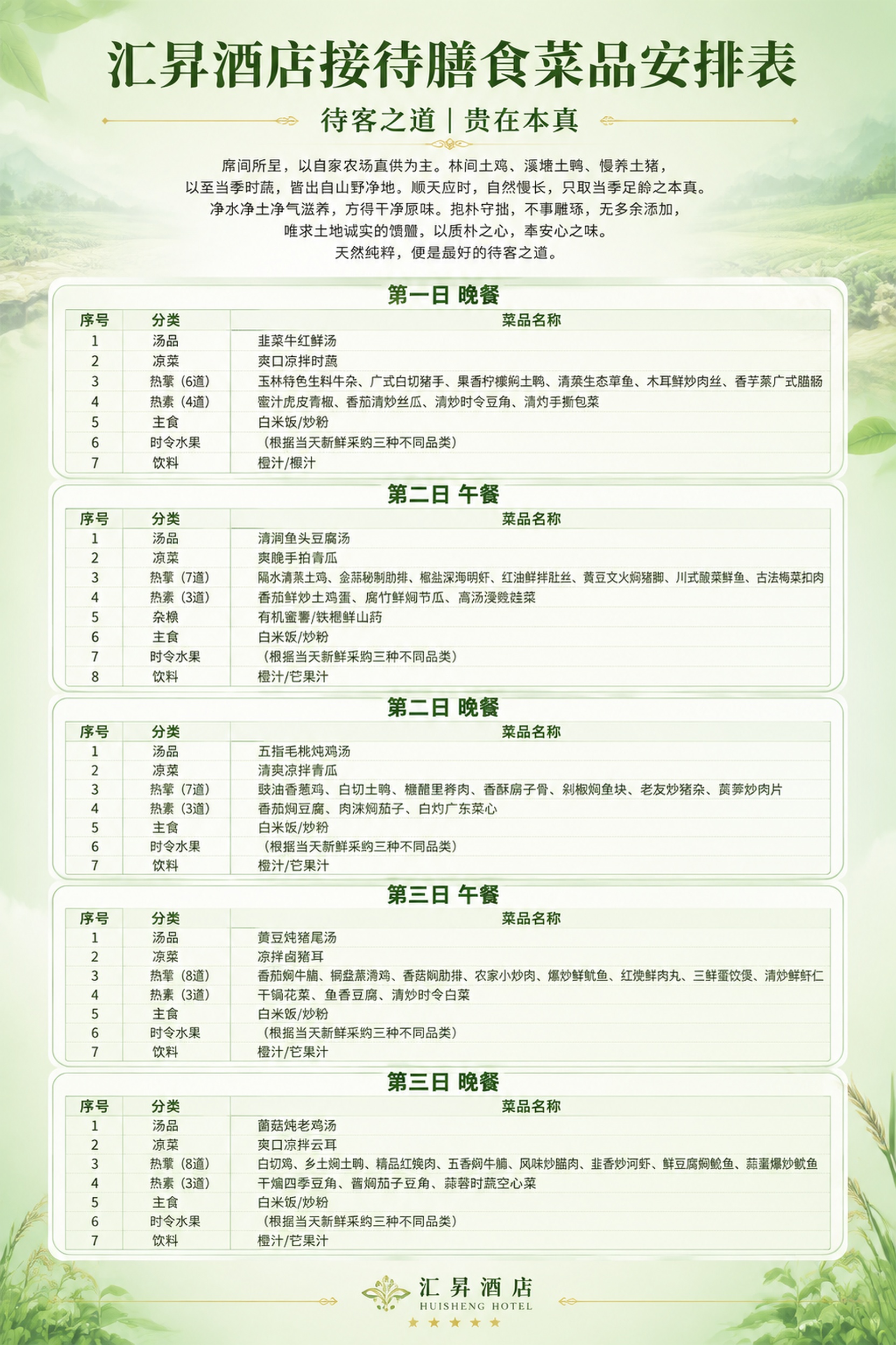 高端政务星级酒店菜品安排表海报，竖版2:3比例，浅绿色轻奢主色… - 图片创意预览