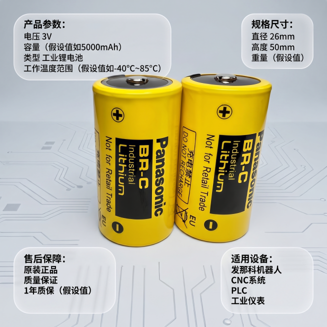 [主图5] 发那科BR-C 3V锂电池规格清单展示主图 3C数码科技风格 产品居中放置 四周分布圆角半透明胶囊信息块 分别标注产品参数 规格尺寸 售后保障 适用设备 保持锂电池外观物理结构 材质质感预览效果