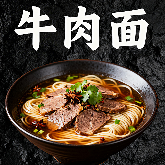 单张菜品海报，深色纹理质感背景，中式餐饮风格，包含食物实拍图和菜品名称，主体为牛肉面，搭配新鲜香料点缀，和参考图风格一致，文字是“牛肉面”，排版清晰突出