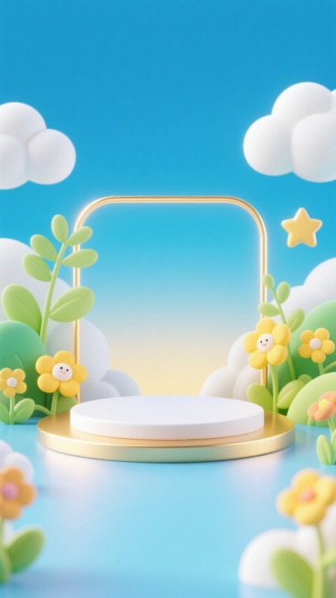 电商背景图，正视图，画面中间留出产品位置，放置一个薄的白色展台，周围放置一些可爱的元素，比如云朵，植物，星星，花朵，摆放有节奏感，主色调为蓝色渐变，添加一点点白色，黄色和绿色，童趣可爱预览效果