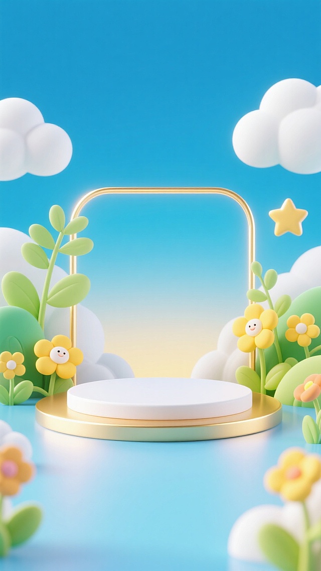 清新软3D风，简约可爱卡通设计，蓝天白云与笑脸花朵营造温馨节日氛围。