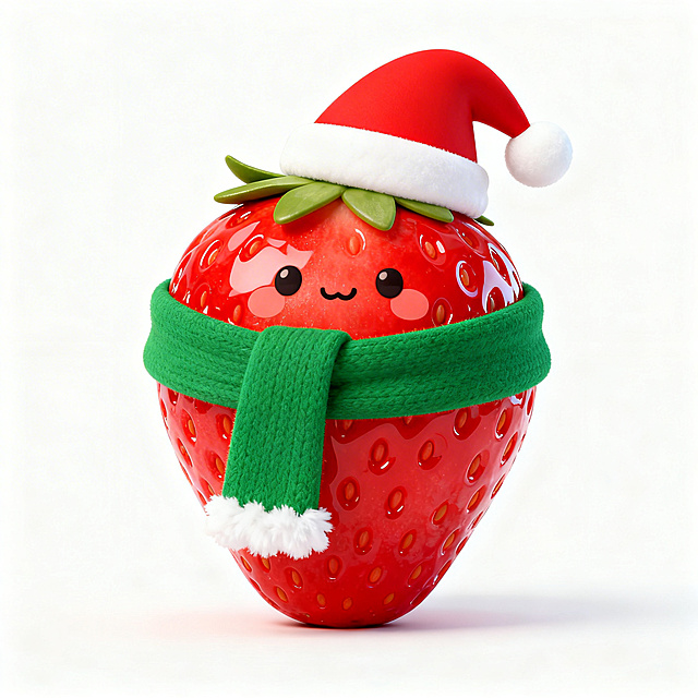 Q版卡通风格，拟人化的草莓形象，戴着圣诞帽，围着围巾，冬日圣诞风格，白色背景