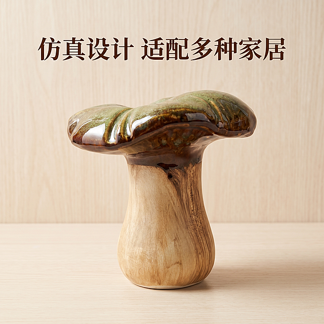 [主图 6] 仿真蘑菇陶瓷摆件纯背景产品展示
[氛围风格] 简约自然，干净突出主体
[画质] 商业摄影质感，光线柔和通透，产品清晰真实，画面干净高级
[元素] 仿真蘑菇陶瓷摆件居中放置在浅原木色背景上，自然柔和底部投影，完整展示产品整体仿生造型和纹理配色，保持产品外观、木纹釉纹理色彩与输入产品图绝对一致，杜绝任何变形和色差。画面干净无多余元素，主体突出
[光影] 均匀柔和专业影棚布光，产品轮廓清晰，高光自然突出釉面光泽，阴影柔和不生硬
[配色] 浅原木色背景，完全突出产品本身自然配色，简洁高级
[文字版式] 顶部居中标题 "仿真设计 适配多种家居"，深棕色字体，不遮挡主体
[比例分辨率] 1:1 比例，2k 分辨率，文字清晰锐利，超高清
[负向提示词] 变形，水印，文字错乱，产品图模糊，背景杂乱，配色刺眼，遮挡主体，尺寸标注，礼盒包装