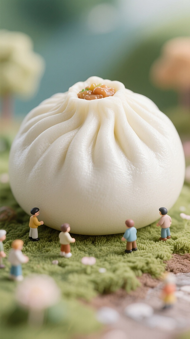 清新水彩风，软3D微缩艺术，可爱小人围绕包子，趣味盎然。