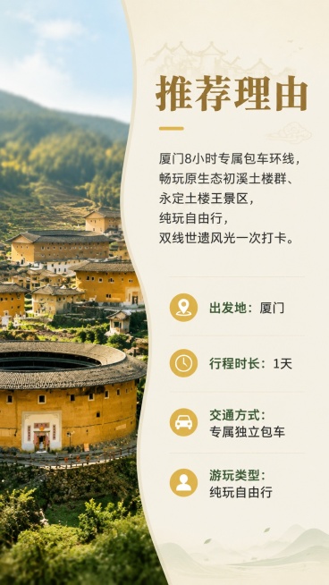 [第3屏] 推荐理由与产品总览屏，厦门出发土楼一日包车游，本屏使用【图1】截取局部土楼做背景装饰。
[氛围/风格] 自然通透，简洁高级，突出旅行体验价值。
[元素布局] 左侧放土楼局部景观图占比约40预览效果