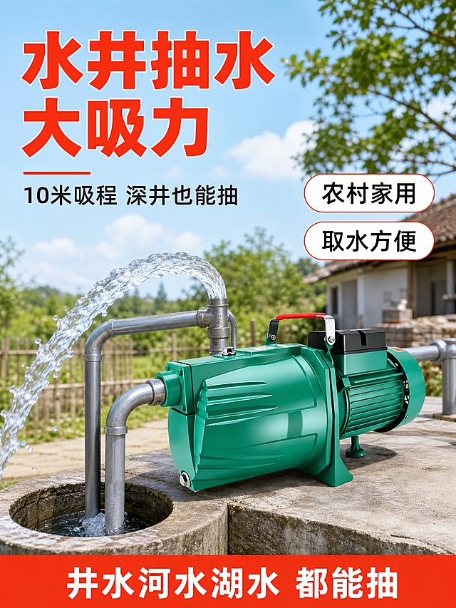 [商品] 使用【图1】绿色自吸喷射泵；保留泵体全部结构、颜色和材质；产品精修干净，光影与场景自然光一致。
[画面] 页面目标：水井抽水场景展示，证明产品适用于农村井水取水。构图：左上图标题+中部大场景图+底部卖点条。产品放置在户外水井旁的水泥台面上，占画面约40%，连接水管从井中向上抽水，有水流喷射效果；背景是乡村水井场景：蓝天、绿树、井口、水管延伸向房屋，整体明亮干净。产品有真实接触阴影，自然融入场景。
[视觉] 套系策略：风格=拼多多大字直白商业摄影风；标题字=粗黑大字；正文字=简洁黑体；主色=浅蓝+绿色；背景延展=户外自然场景+浅蓝天空渐变；强调色=橙红色，仅用于主标题和重点标签；标题色=橙红色/深灰；正文色=深灰色；组件=圆角标签、卖点条；光影=自然日光，产品光影与环境一致。
[文字] 左上角粗黑橙红色大标题"水井抽水 大吸力"，副标题"10米吸程 深井也能抽"；画面右侧竖排2个卖点："农村家用""取水方便"；底部通栏橙红色卖点条"井水河水湖水 都能抽"。文字全部横排，放在负空间，不遮挡产品。
[规格] 图片比例3:4竖版，2K分辨率，避免变形、错字、文字过小、杂乱、水印、平台Logo、绝对化用语。