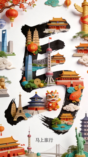 纯白背景，“馬”，苍劲有力的毛笔书法风格，真实笔触质感，字体笔画包含中国地标建筑，中国著名景点，吉祥图案完美结合填充，极繁主义 ，颜色鲜艳，3D效果，底部居中极小字“马上旅行”预览效果