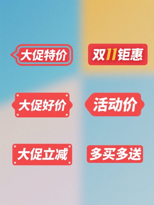 六个规整排布的促销标签素材，每个标签均为纯色背景，标签文案分别为"大促特价"、"双11钜惠"、"大促好价"、"活动价"、"大促立减"、"多买多送"，整体设计简洁醒目，突出促销信息，具有强烈的商业宣传氛围。预览效果
