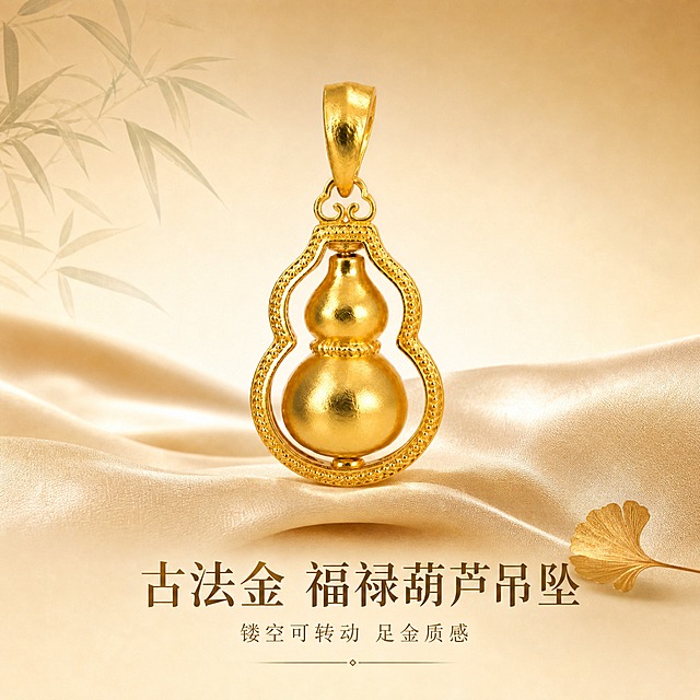 [主图-1] 古法金镂空葫芦吊坠首图，突出高级国风氛围与产品识别度，吸引抖音用户点击。
[统一基调] 整体风格为精致国风珠宝大片，背景主色为香槟金渐变到奶油白，搭配浅米色丝绸衬底与隐约竹影纹理；标题字色为哑光深金，辅助字色为暖棕褐色；字体使用纤细优雅的国风宋体，标题加粗醒目，辅助文字缩小50%以上；整体光影柔和，用柔光箱高光勾勒金属轮廓，窄条轮廓光突出葫芦圆润弧度，金属表面呈现细腻古法磨砂质感，无廉价塑料高光。
[画面] 产品居中偏上，占画面约65%，正面视角完整展示镂空葫芦外框与内部可转动小葫芦结构；吊坠下方放置一块折叠的浅香槟色丝绸，丝绸自然垂坠形成柔和褶皱，吊坠底部轻触丝绸表面形成自然接触阴影；背景左上角有极淡的水墨竹影装饰，右下角点缀一片小型金色银杏叶作为国风元素；画面底部留白区域放置主标题与副标题，不遮挡产品主体。
[光影质感] 商业珠宝摄影质感，主光从左上方45度打下，在葫芦上半部分形成柔和高光带，右侧补光减弱阴影；金属表面呈现古法金特有的细腻磨砂肌理，反光柔和不刺眼；镂空外框边缘有清晰轮廓光，突出双层结构的立体感；底部丝绸有自然的明暗过渡，整体氛围温暖高级。
[配色] 主色调：香槟金、奶油白、浅米色；点缀色：深金色文字、暖褐色辅助文字、淡绿色竹影；整体色调统一在暖金国风体系内，无突兀冷色。
[文字版式] 画面底部居中位置，主标题「古法金 福禄葫芦吊坠」使用加粗国风宋体，字号较大，深金色；副标题「镂空可转动 足金质感」位于主标题下方，字号缩小60%，暖褐色，字间距宽松；文字下方有一条极细的金色装饰线；整体文字占比不超过画面20%，清晰可读不杂乱。
[输出要求] 比例1:1，2048x2048像素，2K分辨率；产品清晰不变形，金属质感真实，文字清晰无错字；负向：模糊、变形、错字、水印、平台Logo、廉价塑料感、粗描边发光字、杂乱背景、产品悬浮、边缘硬切、白底残留。