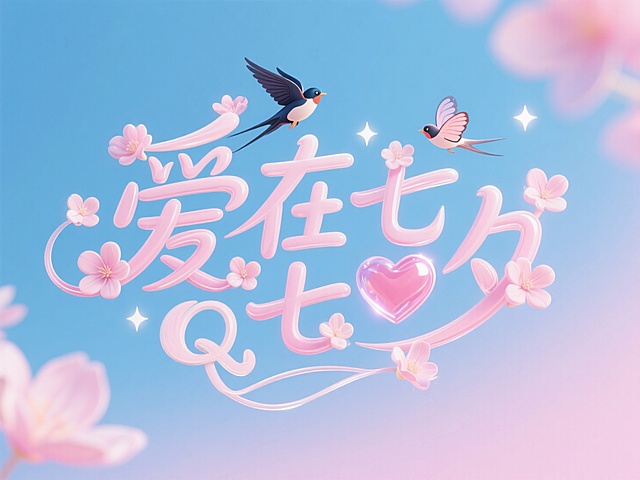 “爱在七夕”，Q萌3D立体字体，文字边缘缀有梦幻花瓣和立体爱心，喜鹊、蝴蝶、小星星围绕漂浮，背景是粉蓝渐变天空与柔焦光晕，整体如童话般梦幻甜美，立体效果清晰柔和