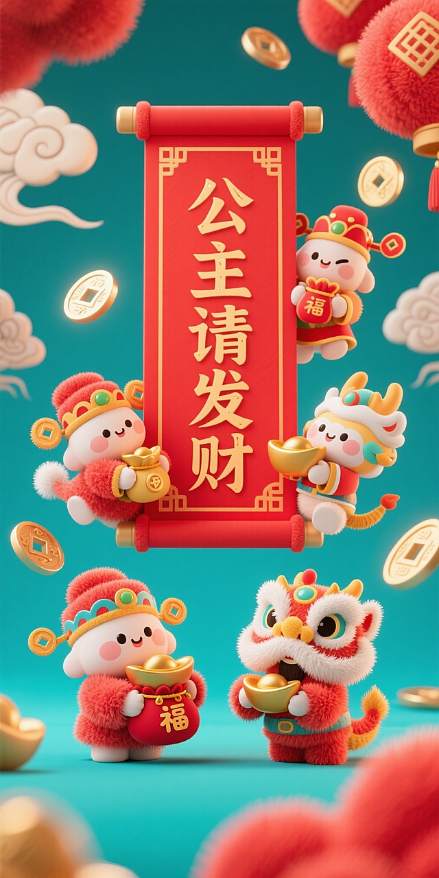 软3D国潮风，毛发生长质感卡通角色手持金元宝，环绕“公主请发财”卷轴，喜庆祥云与金币飞舞，充气感萌趣十足，春节氛围浓厚。
