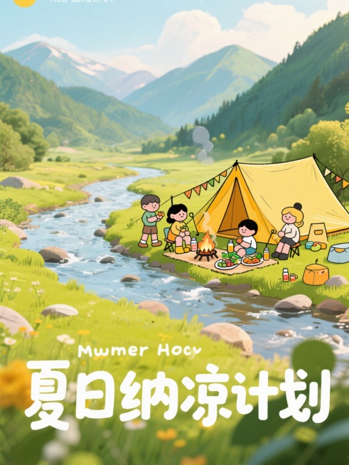 背景为户外山野实景照，手绘描边卡通人物在溪边露营，主标题为"夏日纳凉计划"预览效果
