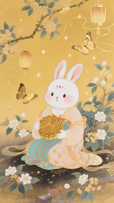 画面中心是一只身着嫦娥服饰的卡通玉兔坐在地上，身材圆润，抱着月饼，周围环绕着桂花、茉莉花等花卉，还有金色蝴蝶飞舞，背景为暖黄色调，点缀星星、桂花枝、小灯笼预览效果