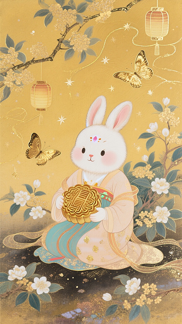 画面中心是一只身着嫦娥服饰的卡通玉兔坐在地上，身材圆润，抱着月饼，周围环绕着桂花、茉莉花等花卉，还有金色蝴蝶飞舞，背景为暖黄色调，点缀星星、桂花枝、小灯笼