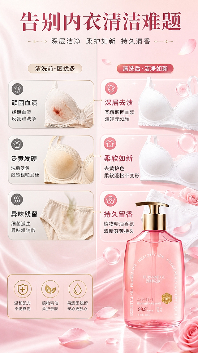 [商品] 使用【图1】湖畔牧歌植物精油香氛内衣洗衣液，粉色透明扁瓶身配金色泵头；保留瓶身所有原有文字与结构比例；右侧展示洁净后的白色内衣与产品同框。
[画面] 第2张·痛点解决·前后对比型；目标是针对内衣常见问题展示解决效果；左右分栏构图，左侧40%为痛点场景（泛黄内衣、血渍示意、异味图标），右侧60%为解决后状态（洁白内衣、产品瓶身、清新香氛气泡）；产品放在右侧下半部分，占画面约30%；阅读动线从左到右。
[视觉] 套系策略：风格=轻奢精致女性向商业摄影；标题字=优雅衬线粗体；正文字=简洁无衬线体；主色=柔粉玫瑰金；背景延展=基于柔粉色做深浅渐变、同色系晕染和细腻丝绸/水光质感；强调色=香槟金，仅用于小面积图标、引线、标签和装饰线条；标题色=深玫瑰金；正文色=暖棕灰；组件=圆角金边信息卡、细金线引线、花瓣装饰元素；光影=左前侧柔暖光，整体明亮通透。
[文字] 顶部主标题"告别内衣清洁难题"，左侧痛点区3个痛点：顽固血渍、泛黄发硬、异味残留；右侧解决区对应3个效果：深层去渍、柔软如新、持久留香；所有文字横向排版，痛点用深灰字，效果用玫瑰金加粗字。
[规格] 图片比例9:16竖版，4K分辨率，medium质量；避免变形、错字、文字过小、过度恶心污渍画面、冷蓝背景、商品文字错乱。