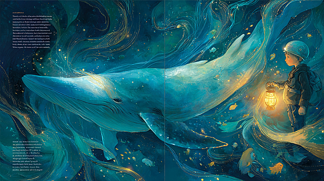 A double-page spread of pure wonder, a curious boy in a diver’s helmet holding a lantern, swimming alongside a gentle, translucent star-whale in a sea of liquid night. The whale’s body is a constellation map, and tiny star-fish orbit around them. Ethereal underwater lighting, deep blues and luminous aqua, flowing compositions, sense of peaceful exploration. Painted in the lyrical style of Shaun Tan or the dreamy texture of Roger Mello.