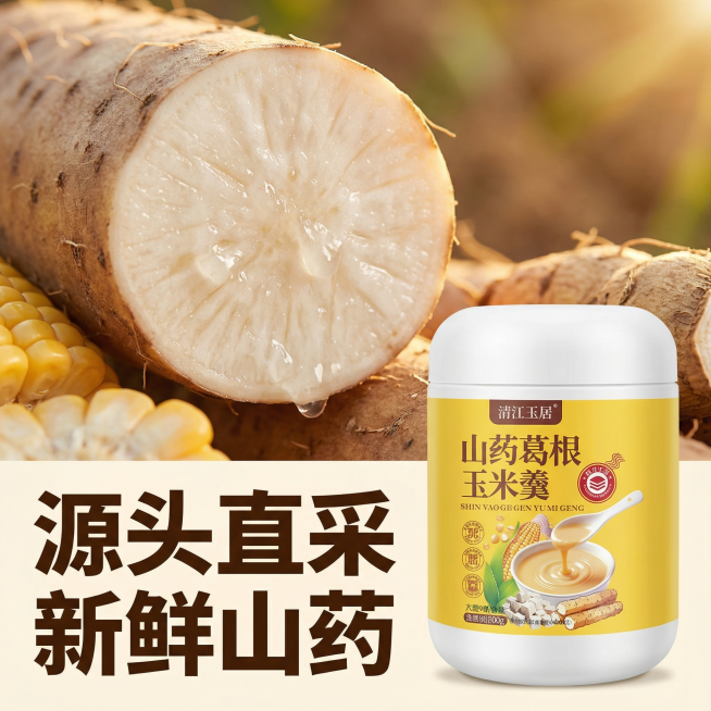 [主图 6] 原材料微距特写主图，突出高品质食材。
[氛围/风格] 新鲜原生态，微距细节，自然暖阳逆光，突出质感。
[画面元素] 产品罐放在画面右下方，左上方用微距展示山药横截面，可以看到清晰的黏液纹预览效果