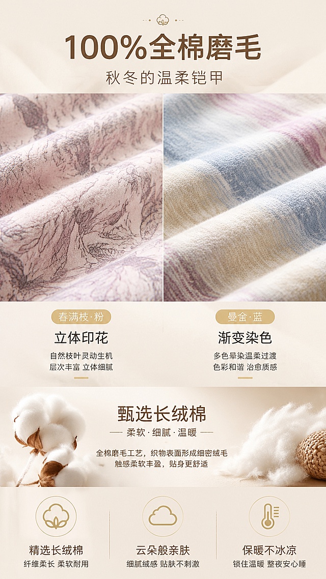 [第4屏] 100%全棉磨毛材质解析详情页-面料微距质感展示。本屏使用【图1】曼舍款面料细节+【图2】春满枝款面料细节，左右对比展示。
[氛围/风格] 材质微距特写，高级质感展示，温暖亲肤氛围，商业产品摄影质感。
[元素布局] 画面上半部分左右分栏展示两款面料微距特写：左侧春满枝·粉款枝叶印花面料，右侧曼舍·蓝款渐变晕染面料；面料表面可见细腻短绒肌理，纤维根根分明，颜色花纹与输入图一致；下半部分为材质说明区，搭配棉花、长绒棉纤维等装饰元素；背景为柔和渐变暖米色。
[光影质感] 侧上方45°柔光打在面料表面，突出短绒立体质感；明暗过渡自然，纤维光泽细腻，温暖触感视觉化。
[配色色系] 全局底色 #F8F2ED（暖奶白色）；主色灰粉、雾霾蓝、米白；辅助色棉花白、浅棕纤维色；点缀色金色标签。
[视角构图] 上半部分面料微距平视，下半部分信息排版；上下构图，阅读动线从上至下。
[文字版式] 顶部居中主标题「100%全棉磨毛」，副标题「秋冬的温柔铠甲」；中部左右两款面料下方分别标注「春满枝 立体印花」「曼舍 渐变染色」；底部三个图标+卖点：「精选长绒棉」「云朵般亲肤」「保暖不冰凉」；字体为简洁无衬线体，正文清晰可读。
[比例分辨率] 9:16竖版比例，4K分辨率，文字清晰可辨，高清画质。
[负向提示词] 面料变形，花纹错乱，颜色偏差，水印，文字模糊，背景杂乱，结构错误。
