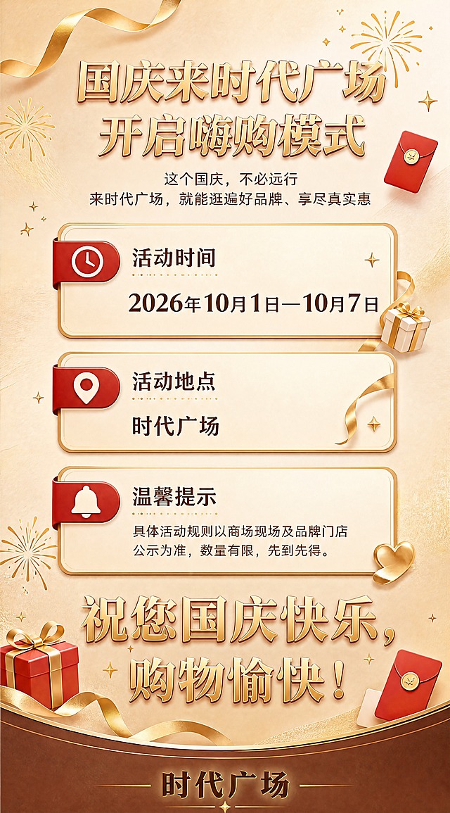 [商品] 使用【图4】作为整体风格参考，延续米杏+金棕+中国红的国庆喜庆轻奢风格，使用金色丝带、烟花、红包、礼盒等节日装饰元素，与前5张视觉系统完全统一。
[画面] 页面目标：活动收尾总结页，包含活动时间、地点、温馨提示、节日祝福。竖版长图，上半部分为活动信息区，中部为温馨提示区，下半部分为节日祝福与商场落款。构图：顶部有金色烟花和丝带装饰，中间信息卡片纵向排列，底部大祝福语+商场名称。阅读动线从上到下，氛围温馨喜庆。背景为米杏色渐变，底部有深棕色弧形装饰条。
[视觉] 套系策略：风格=国庆喜庆轻奢商业风，暖金质感，3D立体卡片；标题字=粗宋/衬线体，金色渐变描边，厚重有质感；正文字=简洁无衬线体，深棕色；主色=米杏色（#F5E6D3）；背景延展=米杏色到浅棕色渐变，叠加细腻纸张/沙砾质感，顶部有金色烟花和飘带，底部深棕色弧形收尾；强调色=中国红（#C8102E）+ 金色（#D4AF37），用于标题、重点文字、红包、丝带、烟花；标题色=深金棕色渐变；正文色=深棕色（#5C4033）；组件=圆角米白色信息卡、金色描边、红色标签、金色装饰元素；光影=顶部暖柔光，卡片有轻微投影和立体感。
[文字] 顶部小标题："国庆来时代广场，开启嗨购模式"（金色字），下方引导语："这个国庆，不必远行\n来时代广场，就能逛遍好品牌、享尽真实惠"（棕色字）。中间信息卡：活动时间-2026年10月1日—10月7日；活动地点-时代广场。温馨提示卡："温馨提示：具体活动规则以商场现场及品牌门店公示为准，数量有限，先到先得。"（棕色小字）。底部大祝福语："祝您国庆快乐，购物愉快！"（金色大字），落款："时代广场"（深棕色加粗大字）。所有文字横排，层级清晰，手机端可读。
[规格] 图片比例1:1.8竖版，4K分辨率，避免变形、错字、文字过小、冷蓝/蓝灰背景、风格与前面不统一。