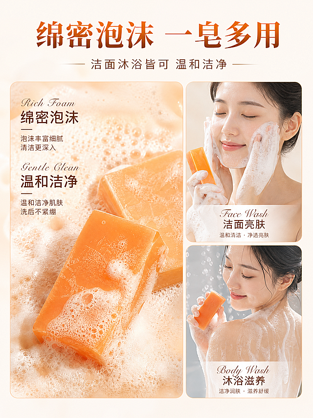 [第4张] 详情页使用场景与质地页-乳木果油曲酸姜黄皂。本张使用【图1】皂体作为商品主体（去除原图四周红色边框和促销文字）。
[氛围/风格] 生活场景感，泡沫质地展示，实用高级，商业摄影质感。
[元素布局] 画面采用左右分栏布局：左侧展示泡沫质地微距特写（丰富细腻的橙色泡沫，皂体在泡沫中），强调绵密泡沫质感；右侧两格小图展示使用场景：洁面场景、沐浴场景，每格内有皂体出现；皂体外观与输入图中橙色皂体一致；背景为暖橙米色渐变。
[光影质感] 每个场景均为柔和自然光，明亮温暖，泡沫丰富有质感。
[配色色系] 全局底色 #FFFAF5 暖米白；主色暖橙+金色；辅助色白色、浅木色。
[视角构图] 左右分栏+右侧上下小图，阅读动线顶部标题 → 左侧泡沫质地 → 右侧使用场景。
[文字版式] 版式为顶部大标题 + 左侧泡沫质地 + 右侧两使用场景。主标题「绵密泡沫 一皂多用」，副标题「洁面沐浴皆可 温和洁净」；左侧质地说明：「Rich Foam 绵密泡沫」「Gentle Clean 温和洁净」；右侧两场景小标题：「Face Wash 洁面亮肤」「Body Wash 沐浴滋养」；文字清晰可读。
[比例分辨率] 3:4 竖版比例，2K分辨率，文字清晰可辨，高清画质。
[负向提示词] 变形，水印，文字错乱，文字过小，缺件错件，结构错误，颜色偏差，产品图模糊，背景杂乱。
