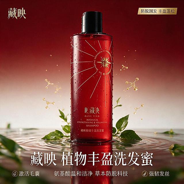 [主图-1] 藏映植物丰盈洗发蜜首图 东方草本科技高级感。
[氛围风格] 东方草本融合现代生物科技 高级红金调 通透水润 专业品质感 商业静物摄影。
[画质] 超高清商业摄影质感 光线柔和通透 产品清晰真实 画面干净高级 超写实渲染 物理级材质表现。
[元素] 藏映红色洗发水瓶居中正面展示 瓶身带有金色星芒图案和藏映品牌字样 黑色瓶盖 瓶身附着晶莹水珠 产品放置在带有水波纹倒影的透明玻璃台面上 瓶身周围环绕少量真实草本植物叶片与金色分子结构微粒 背景为渐变深红色到浅米色的柔光背景 左上角放置从产品提取的藏映品牌金色Logo 保持产品外观（即物理结构 材质质感 颜色）与输入产品图一致 杜绝任何变形和色差 精细化处理 商品主体占比约70% 画面满屏无边框。
[光影] 左侧主柔光箱打亮瓶身正面 右侧辅光勾勒轮廓 顶部柔光营造通透感 瓶身红色玻璃有细腻高光 水珠晶莹剔透 底部倒影清晰自然 整体光比柔和 高级感强。
[配色] 主色品牌红 辅色金色 点缀色草本绿 背景渐变红到米白。
[视角构图] 平视正面视角 产品居中 景深中等 背景虚化突出主体。
[文字版式] 左上品牌Logo金色 右上小标签「防脱固发 丰盈蓬松」金色底白字 底部居中主标题「藏映 植物丰盈洗发蜜」白色大号粗体衬线字 副标题「氨基酸温和洁净 草本防脱科技」白色小号字 底部左右两侧各一个小图标加文字 左侧「激活毛囊」右侧「强韧发丝」。
[输出要求] 1:1比例 文字清晰可辨 超高清商业摄影质感。
[负向提示词] 变形 文字错乱 产品图模糊 背景杂乱 水印 电商平台Logo 多余的手 畸形手 人物面部扭曲。