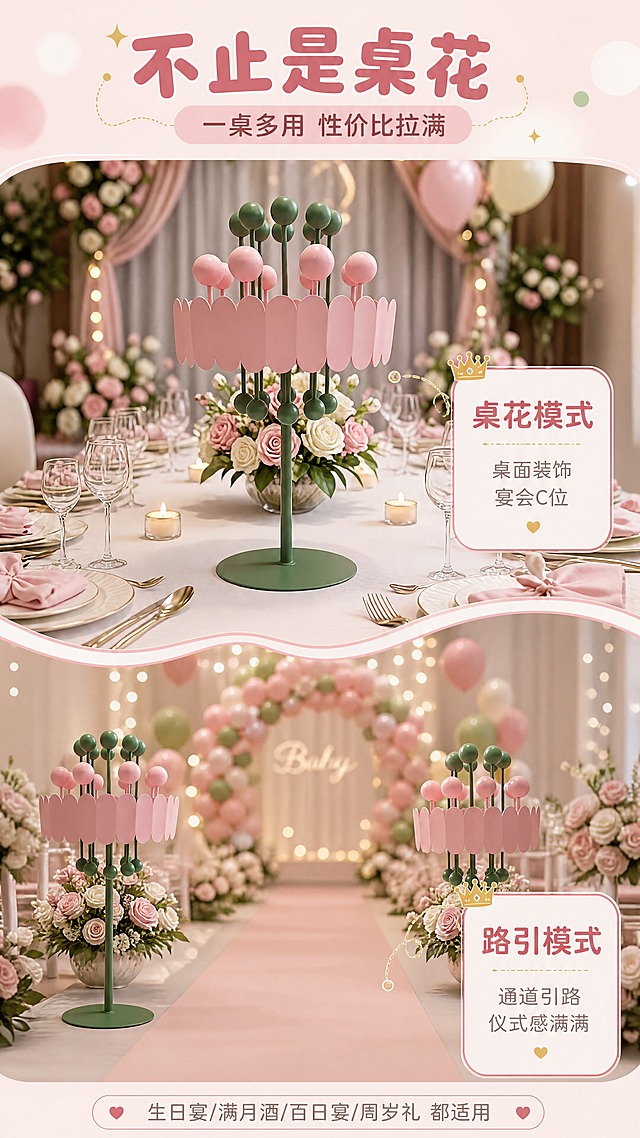 [商品] 使用【图5】宝宝宴铁艺桌花器路引摆件；保留粉绿配色、花瓣形铁艺围边、彩球装饰、绿色支撑杆与圆形底座的完整结构；保留铁艺烤漆材质质感，不改变产品比例和造型。
[画面] 目标为实用功能展示，突出一桌多用。上下分栏：上半部分展示产品作为桌花摆放在宴会主桌的效果，周围有餐具和花艺；下半部分展示产品作为路引摆放在宴会厅通道两侧的效果，背景有气球拱门和地毯。中间用波浪形分隔线区分，标注"桌花模式"和"路引模式"。
[视觉] 套系策略：风格=温馨梦幻宝宝宴商业摄影；标题字=圆润粗黑体；正文字=简洁圆角无衬线体；主色=柔粉色+抹茶绿；背景延展=基于粉绿马卡龙色系做深浅层级、同色渐变和柔焦光斑效果；强调色=暖金色，仅用于小面积图标、引线和装饰线条；标题色=深粉色；正文色=暖灰色；组件=圆角浅底信息卡、圆点装饰、曲线引线；光影=左前侧暖柔光，柔和阴影，梦幻光斑。
[文字] 顶部居中主标题"不止是桌花"，副标题"一桌多用 性价比拉满"；上半部分右侧标注「桌面装饰 宴会C位」；下半部分右侧标注「通道引路 仪式感满满」；底部补充"生日宴/满月酒/百日宴/周岁礼 都适用"。
[规格] 图片比例9:16竖版，4K，避免变形、错字、文字过小、冷蓝背景、产品颜色改变、结构失真。