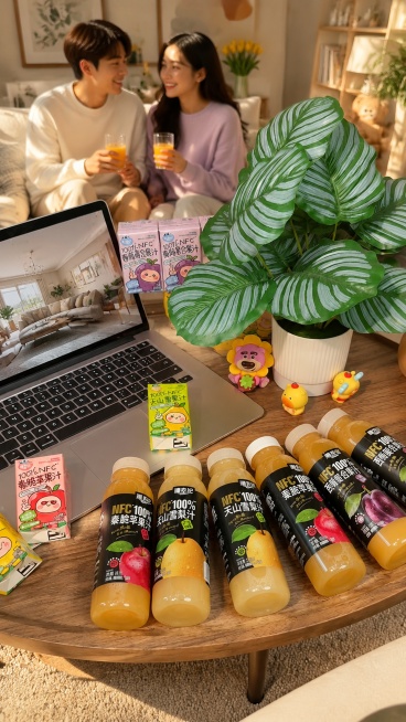 保留图中所有疆农纪多种果汁产品完整摆放布局，完整保留每个包装上的所有文字信息，更换背景为年轻情侣客厅下午茶场景，尺寸9:16预览效果