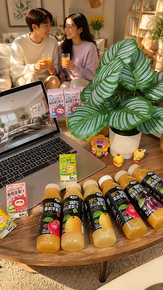 保留图中所有疆农纪多种果汁产品完整摆放布局，完整保留每个包装上的所有文字信息，更换背景为年轻情侣客厅下午茶场景，尺寸9:16