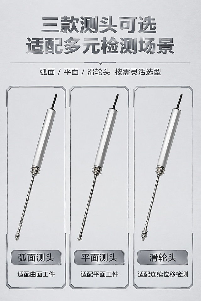 2:3竖版电商详情测头规格屏，严格还原KPZ微型回弹式位移传感器产品图，产品主体直径11mm，尺寸比例保持1:1；整体遵循金属机械风视觉风格，标题采用无衬线极简字体搭配金属渐变质感效果。主标题为「三款测头可选 适配多元检测场景」，副标题为「弧面 / 平面 / 滑轮头 按需灵活选型」；画面采用三列横向等分排布，每列对应一款测头的实物特写，自上而下依次为测头实物图、测头名称、适用场景说明，分别标注弧面测头适配曲面工件、平面测头适配平面工件、滑轮头适配连续位移检测；每款测头用细金属边框区分，背景为浅灰工业底色，排版对称规整，直观呈现多规格选型优势，不改变产品原有外观。