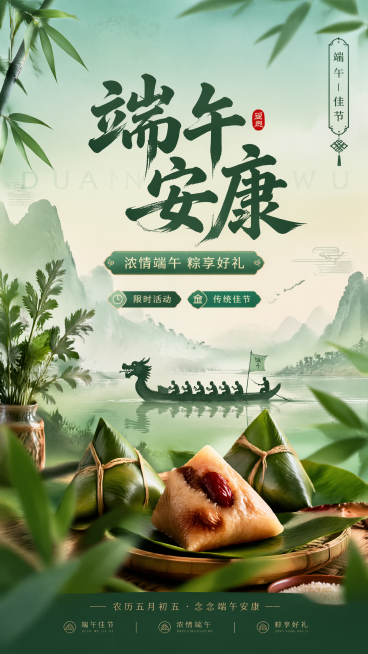 风格：写实国风商业海报，主标题"端午安康"，副标题"浓情端午 粽享好礼"，装饰文案"端午｜佳节"，卖点标签"限时活动""传统佳节"，背景采用艾草、粽子、粽叶等端午传统元素，渐变青绿色底色，中心大标题排预览效果