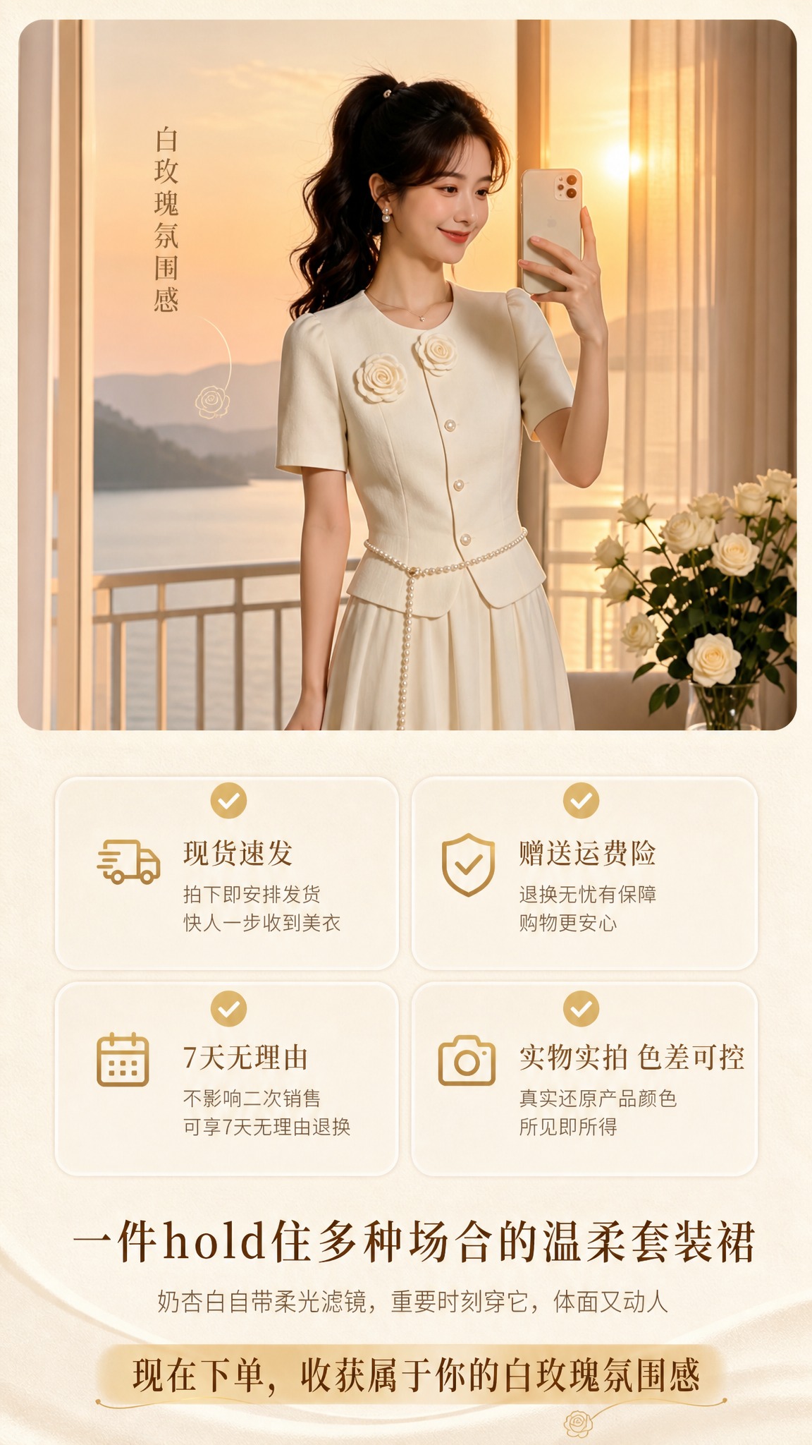 [商品] 使用【图1】米白小香风假两件套装连衣裙；商品处理：保… - 图片创意预览