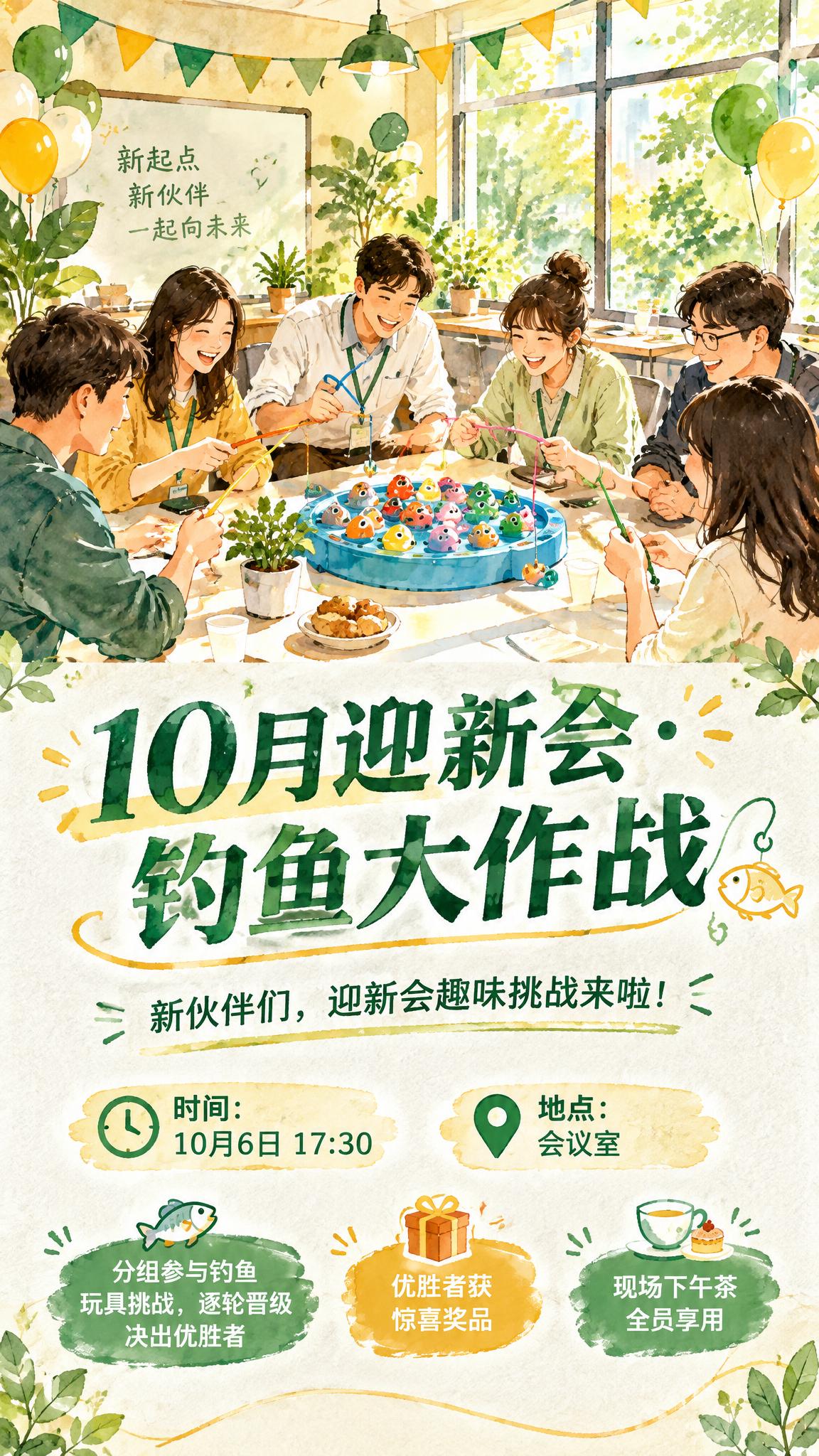 参考提供的早安海报版式骨架与水彩手绘插画风格，制作一张企业迎新… - 图片创意预览