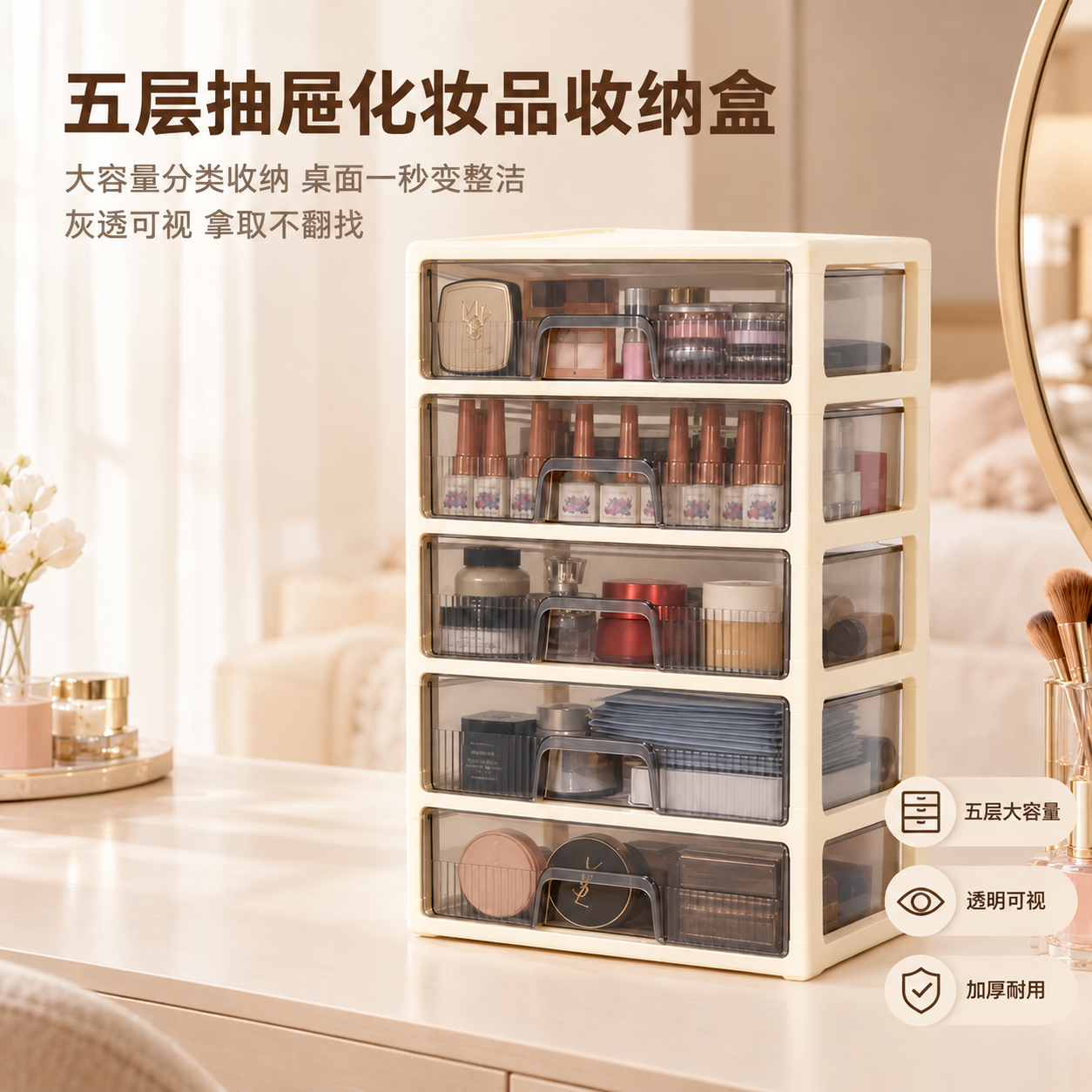 在这张奶油风五层抽屉收纳盒场景图上添加卖点文案，保持原有场景、… - 图片创意预览