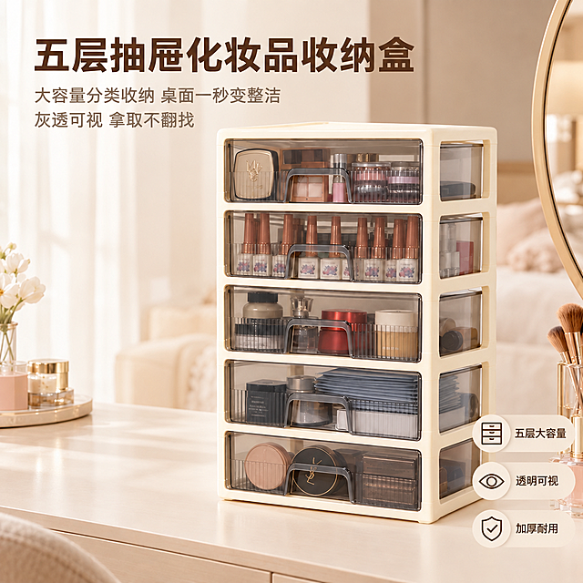 在这张奶油风五层抽屉收纳盒场景图上添加卖点文案，保持原有场景、产品、光影完全不变。
左上角放置主标题区：大标题「五层抽屉化妆品收纳盒」，深咖色粗体无衬线大字；下方两行小字「大容量分类收纳 桌面一秒变整洁」「灰透可视 拿取不翻找」，暖灰色细体，字号约为标题的一半。
右下角放置三个圆角小图标+文字卖点，竖向排列：
1. 抽屉图标 + 「五层大容量」
2. 眼睛图标 + 「透明可视」
3. 盾牌图标 + 「加厚耐用」
文字均为深咖色无衬线体，图标为简约线性风格，带浅米色圆角背景。
整体文字不遮挡产品主体，放在画面负空间，与奶油暖调场景风格统一，自然融入不突兀。