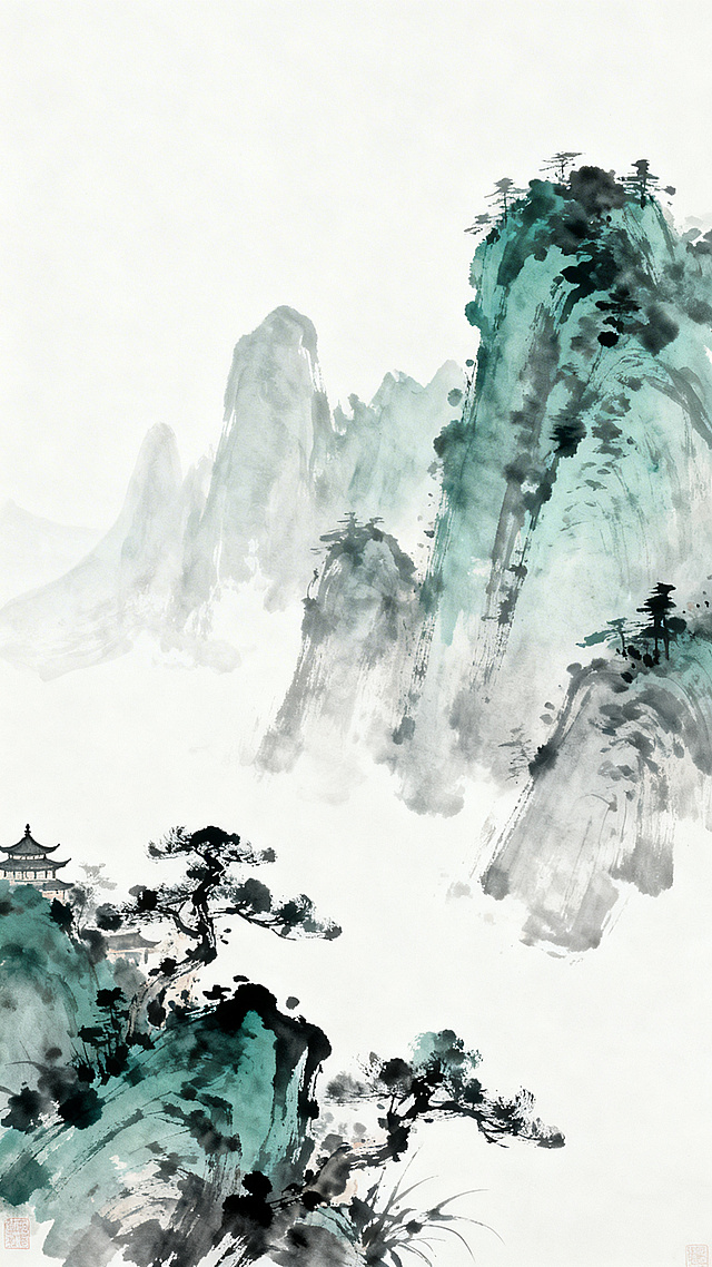 国风背景图片，中式传统山水元素，古色古香的水墨画风格，留白构图，适合作为通用电商设计背景，高清质感，意境悠远