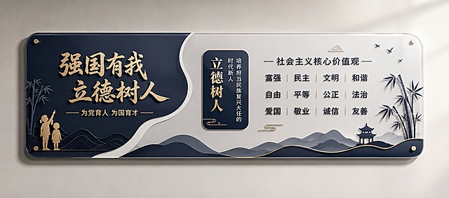设计一块底层：高密度pvc，圆角切割，烤漆包边；第二层左边亚克力背喷， 底层高密度 pvc，上一层亚克力的长方形文化墙标识牌 藏青雅灰国风色调         主题为 强国有我、立德树人、社会主义核心价值观尺寸1800*80