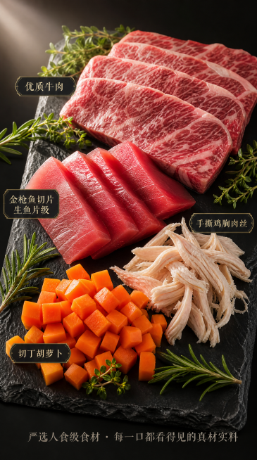 一张精选食材展示图，竖版750乘1334像素。大面积微距摄影，新鲜食材精美摆盘：大理石纹路的优质牛肉切面、生鱼片级金枪鱼切片、手撕鸡胸肉丝、切丁橘色胡萝卜。食材置于深色石板底盘上，点缀新鲜迷迭香和百里预览效果