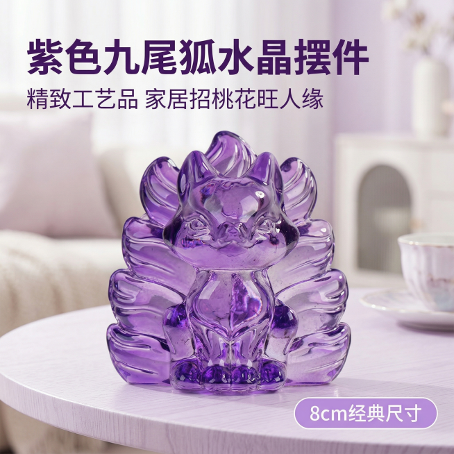 [主图 1 首图场景展示] 产品外观和细节必须与提供的参考图100%保持一致，不能改变造型，生成紫色透明九尾狐水晶摆件商品首图，尺寸为8厘米。风格为高端轻奢，适合家居软装陈列，清新淡雅浅紫色原木桌面，预览效果